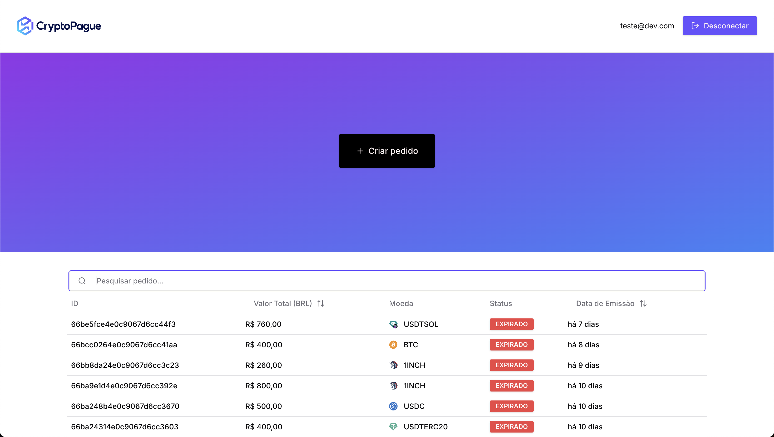 Interface de pagamento CryptoPague